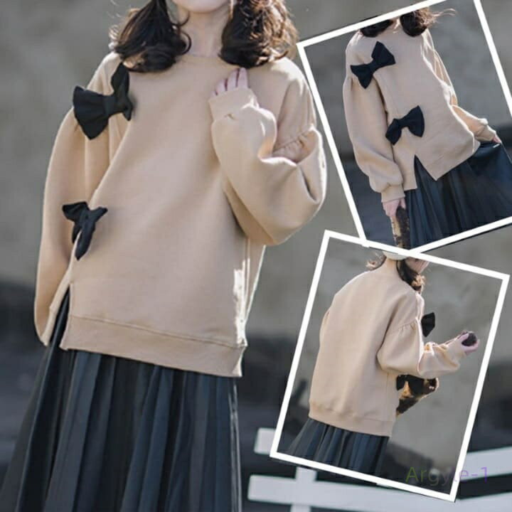 トレーナー キッズ 女の子 サイドリボン プルオーバー ランタンスリーブ おしゃれ 秋春 長袖 トップス 韓国 13987