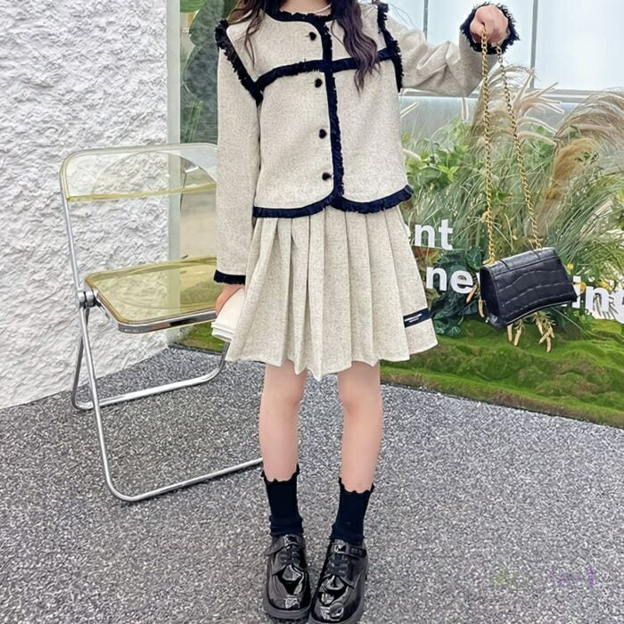 グ ジャケット プリーツスカート 2点セット 秋春 韓国 カジュアル フォーマル ファッション 通学 可愛い おしゃれ コーデ 15561