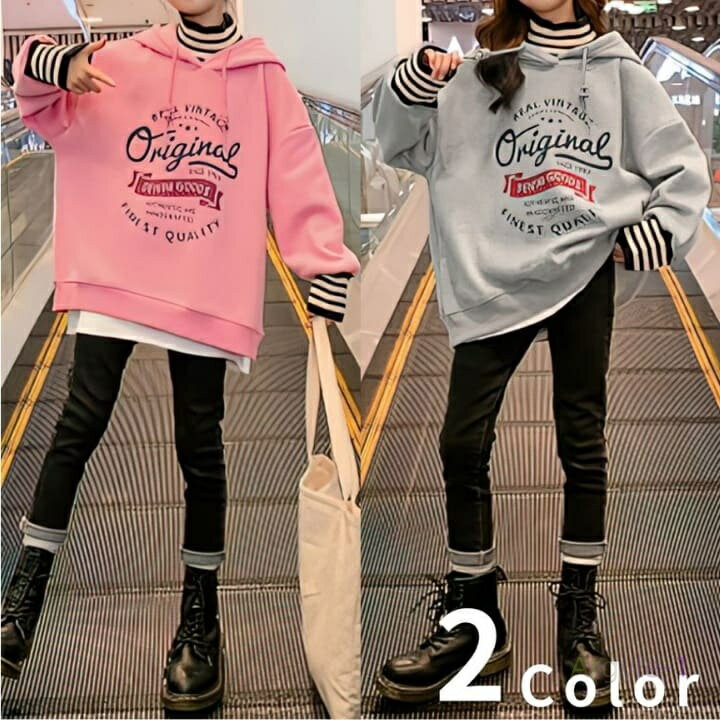 ロゴ パーカー キッズ 女の子 重ね着風 プルオーバー ボーダー ハイネック 秋冬春 長袖 トップス カジ..