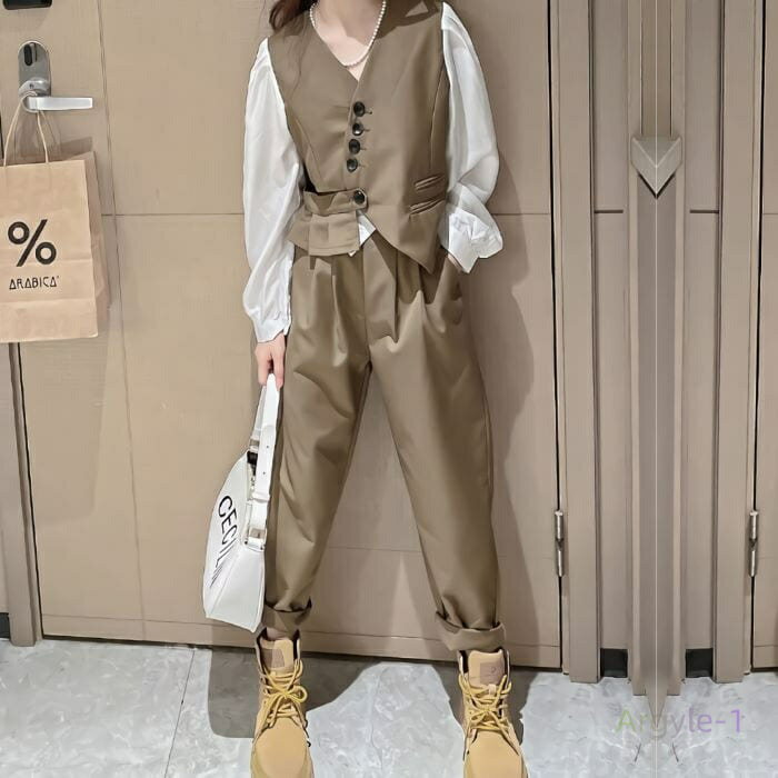 イヤード風 ブラウス タックパンツ 2点セット 秋春 韓国 ダンス カジュアル フォーマル ファッション 通学 可愛い コーデ 15562
