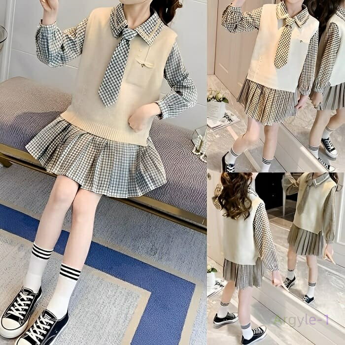 女の子 長袖 チェック柄 ワンピース 2点セット 制服コーデ 韓国 ファッション 通学 ダンス 発表会 可愛い きれいめ コーデ 15433
