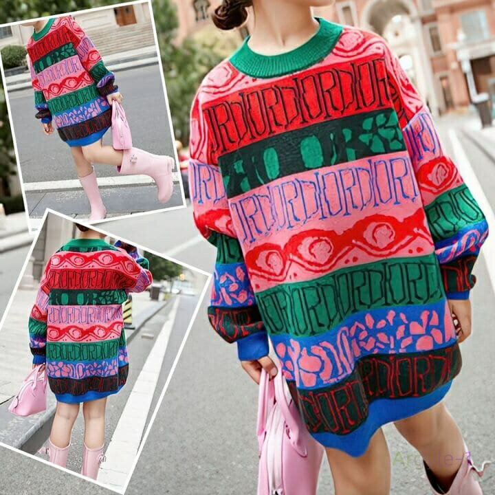 ニット キッズ 女の子 セーター チュニック ワンピース マルチカラー ヒップホップ 秋冬春 長袖 トップス 韓国 14306