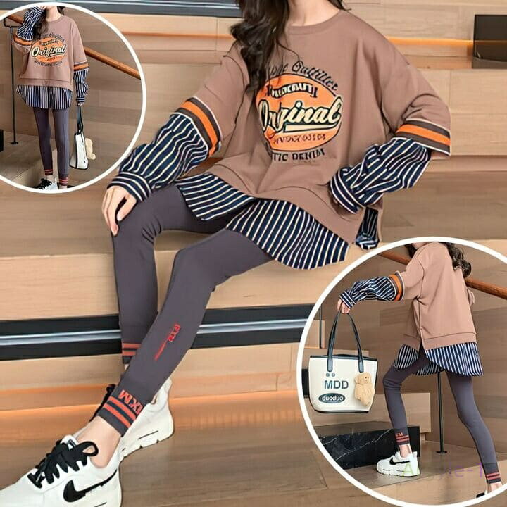 セットアップ キッズ 女の子 重ね着風 プルオーバー レギンスパンツ 上下セット 秋冬 セットアップ 韓国 14311