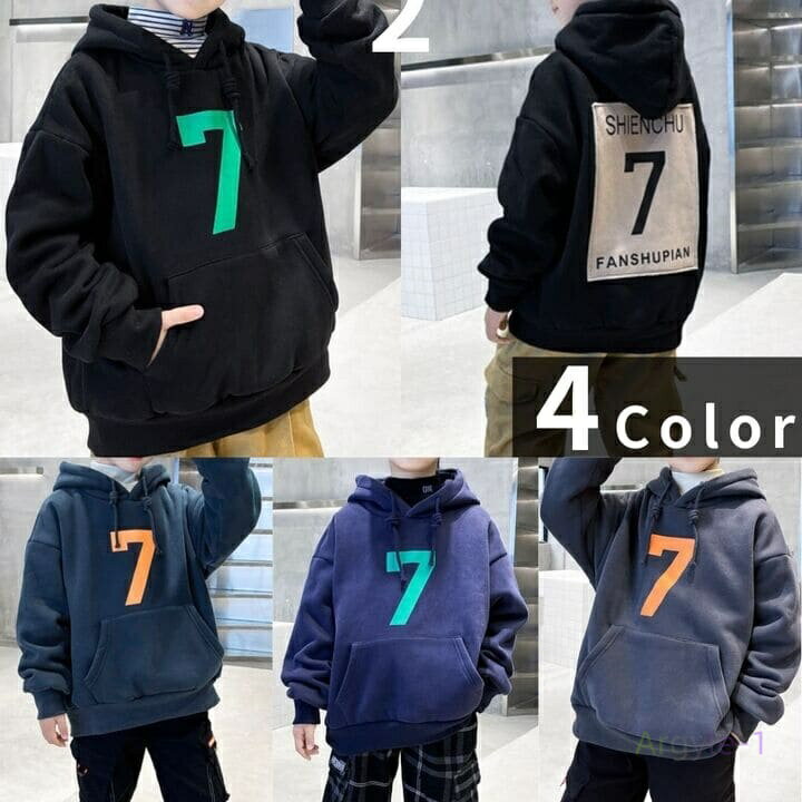 裏起毛 パーカー キッズ 男の子 ナンバー プルオーバー 秋冬春 長袖 トップス トレーナー 韓国 14070