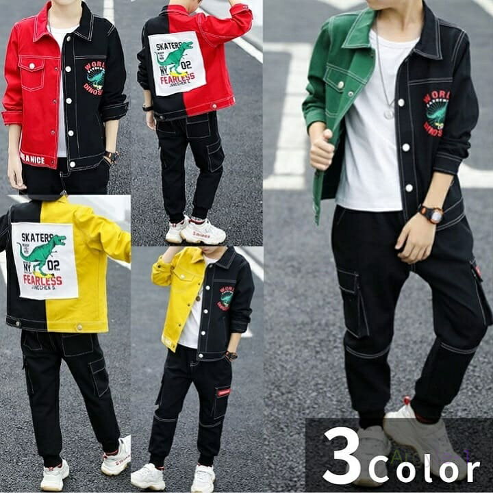 ップ 男の子 デニム ジャケット パンツ 2点セット カジュアルスーツ ダンス衣装 発表会 イベント 子供服 キッズ ジュニア 13912