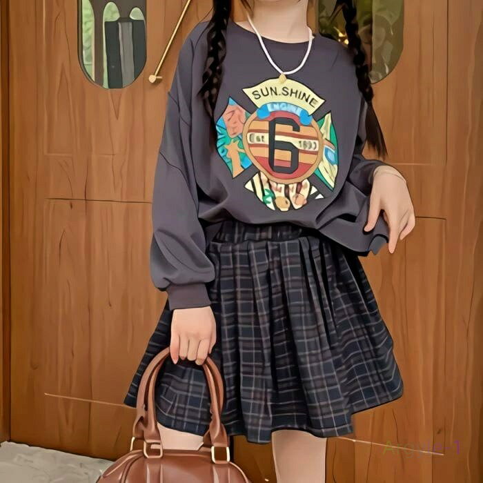 袖 カットソー プリーツスカート 2点セット 秋春 韓国 カジュアル フォーマル ファッション 通学 可愛い おしゃれ コーデ 15581