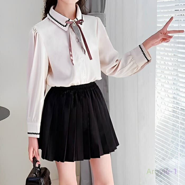 ンタイ ブラウス プリーツ スカート 2点セット 制服コーデ 韓国 ファッション 通学 ダンス 発表会 可愛い きれいめ コーデ 15435