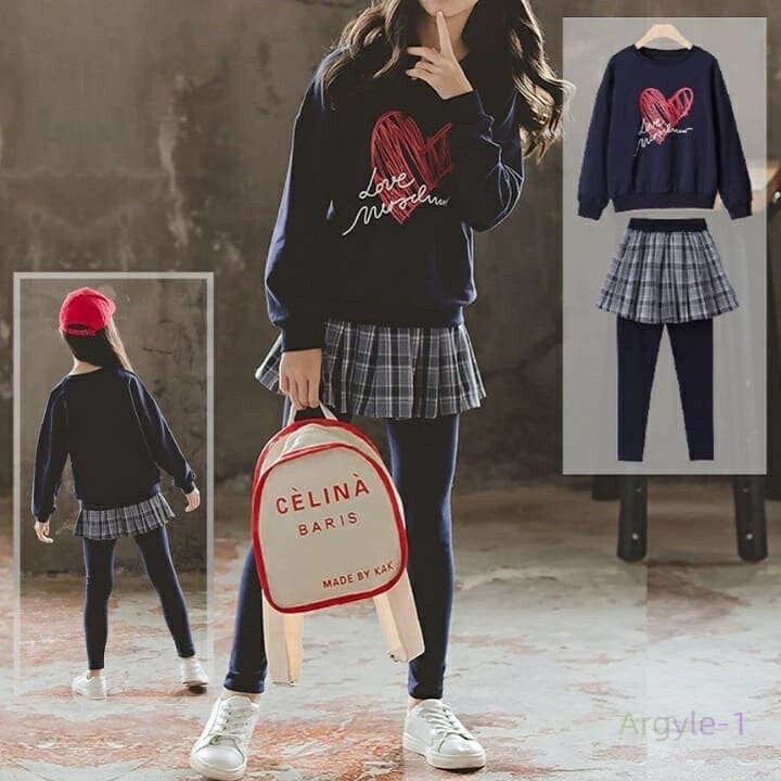 ハートプリント トレーナー スカート付き スパッツ パンツ 上下セット 2点セット 韓国子供服 ジュニア カジュアル ダンス 13447