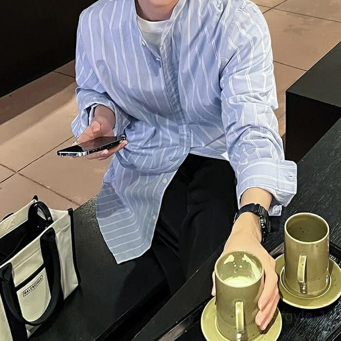 ストライプシャツ メンズ 長袖 柄 シャツ 総柄 韓国系 高校生 中学生 b12671