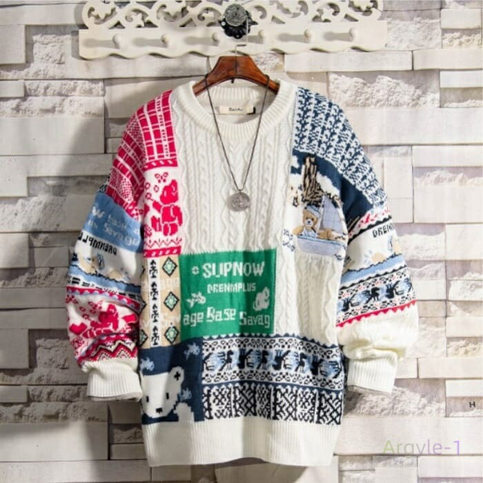 韓国 ファッション メンズ セーター ラウンドネック 多彩 ドッキング プリント ニット 13373