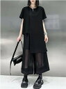 セットアップ レディース ロング トップス パンツ 2点セット カットソー Tシャツ 半袖 アシンメトリー 無地 シンプル ワイドパンツ モード系 変形 個性的...