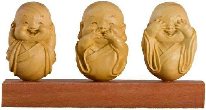 オブジェ(総高5.2cm×巾10cm) 柘植の木 聞かざる】 言わざる 可愛い【見ざる ミニ お坊さん彫像 木彫りの置物