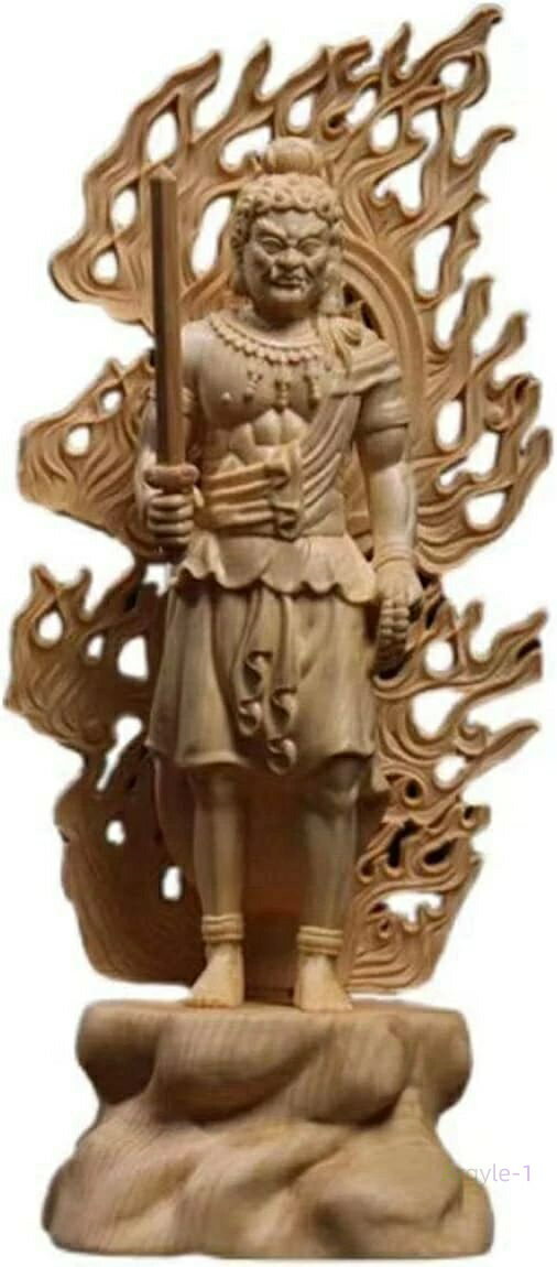 仏像 岩台 火炎光背 (高さ28cm×巾10cm)◆彫刻仏像?木彫り仏像?手彫り仏像 桧木製高級木彫り (真言宗の脇侍) 不動明王立像 仏像