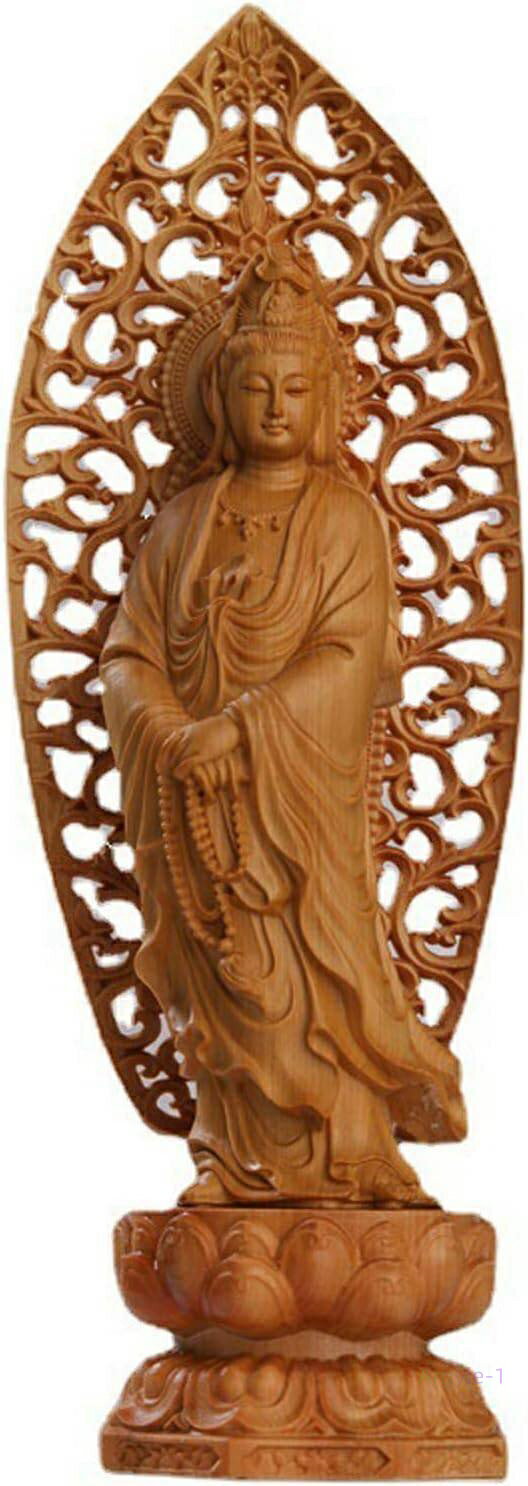 風 観自在菩薩 観世音菩薩 観音像彫刻 木製仏像 透かし彫り唐草光背 崖柏木 天然 仏壇仏像 置物 木彫り仏像 観音菩薩立像 観音像