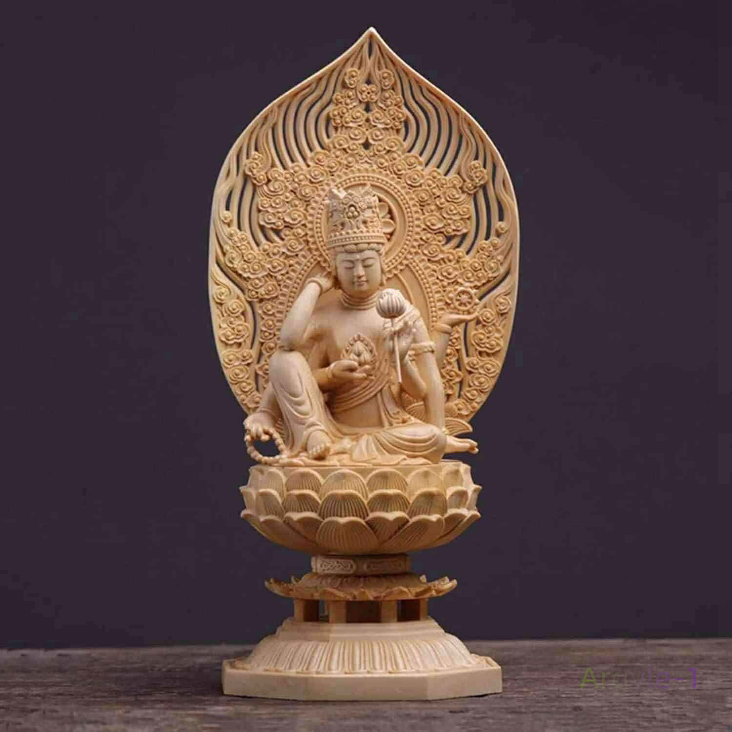 (にょいりんか 仏教美術品(一面六臂)光背八角台 桧木製_『天台宗?真言宗?臨済宗』木製仏像 木彫り仏像【如意輪観音菩薩】座像