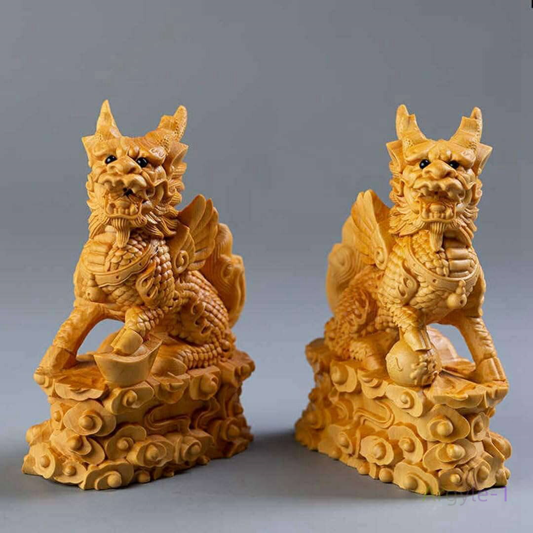 置物 木彫り グッズ 風水 2体セット お守り )魔除け 玄関(木製:ツゲ ミニ 置物 ・シーサー