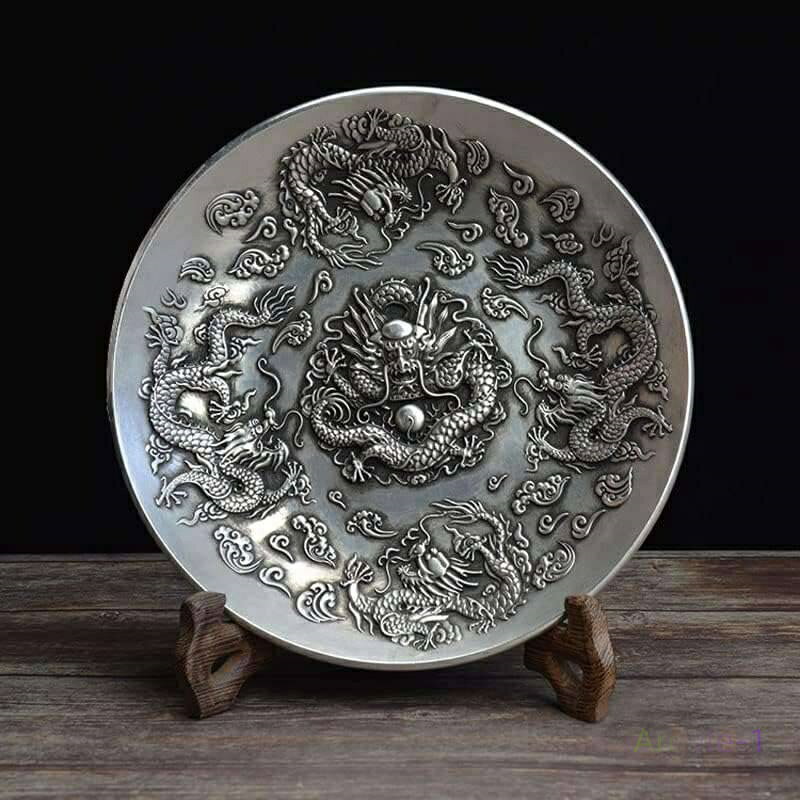 銅 風水龍 開運祈願 厄除け 縁起物 和風 玄関 美術品 置物を飾る 銅製 【九龍銀盤】浮き彫り cm 直径18 龍の置物 九龍盤 レトロ