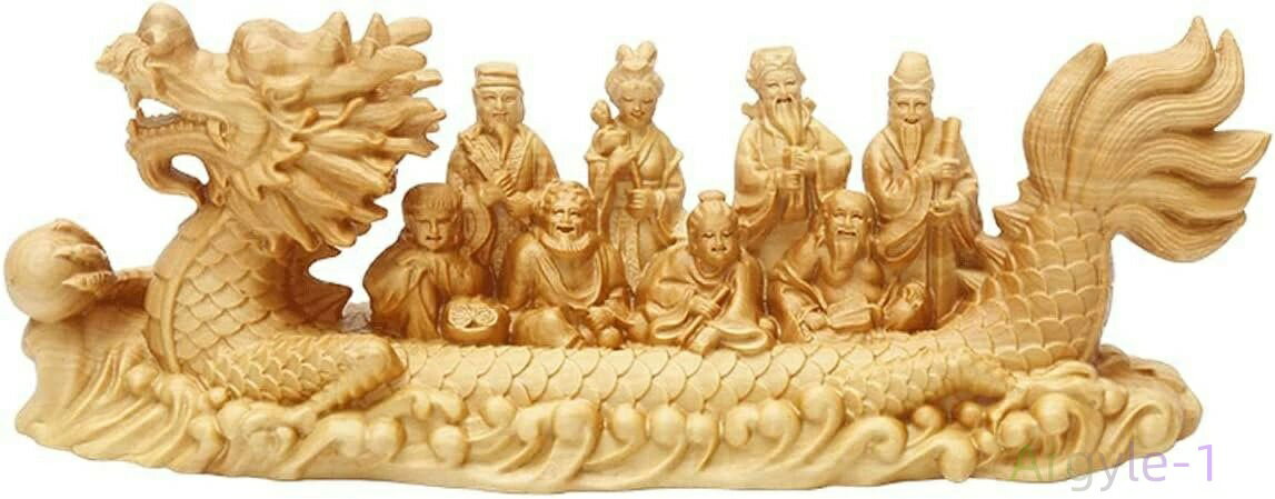 木彫りの七福神（高 神様 ふく福の神 仏像 新築祝い 学業成就 木製彫刻 置物 縁起物 高級天然ツゲ木彫り 美術品 開運宝船 七福神
