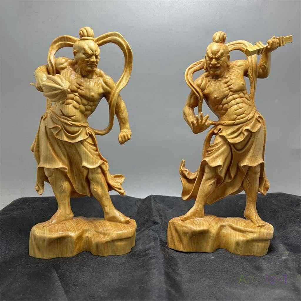 高さ20cm 置物/仏壇/風水開運/厄除け 護法善神 仁王像 崖柏木 天然 二体一対 立像 金剛力士像 木彫り 仏像