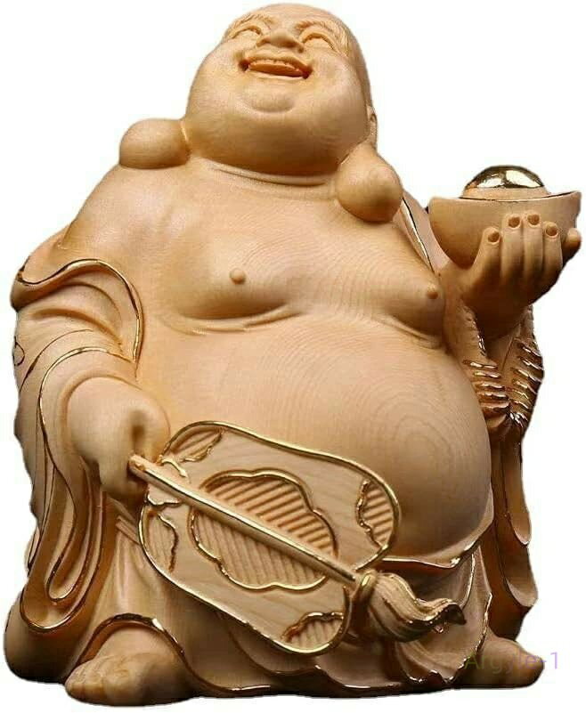 お守り 金運 (高さ15cm×巾11cm) 桧木製高級木彫り 布袋 置物 七福神