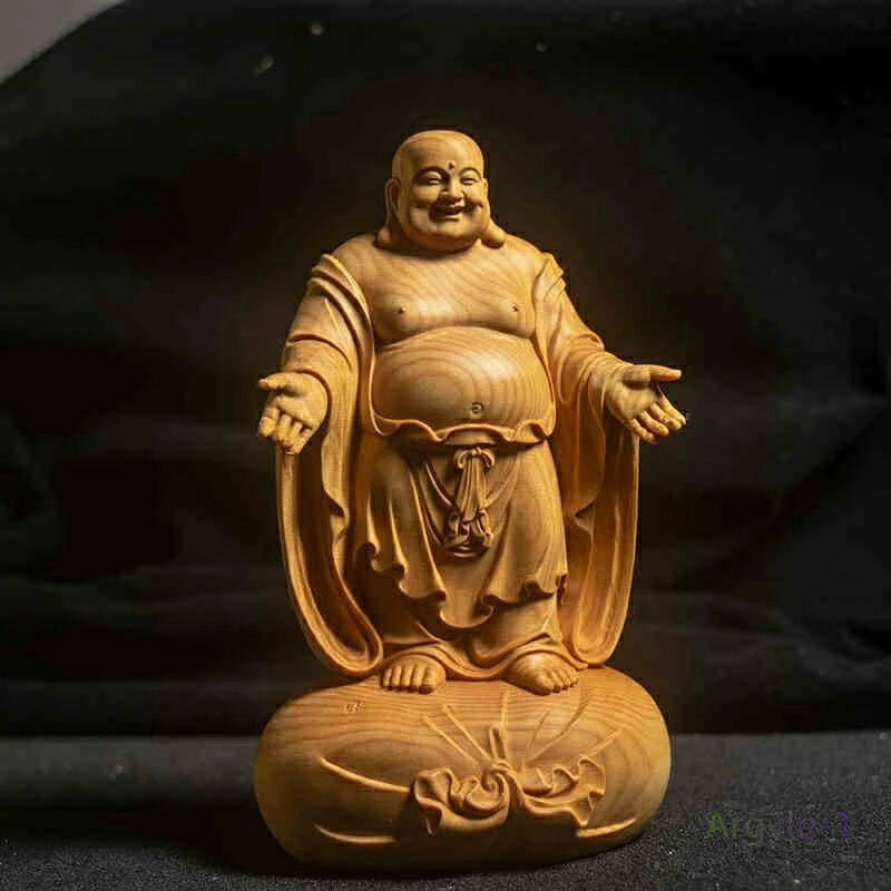 木彫りの仏像 金運グッズ 柘植 15cm 置物 布袋様 七福神