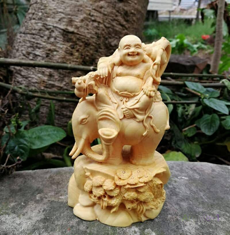 風水 置物 金運 布袋様の置物 ツゲ製高級木彫り 14cm 置物 小さな 布袋様 七福神
