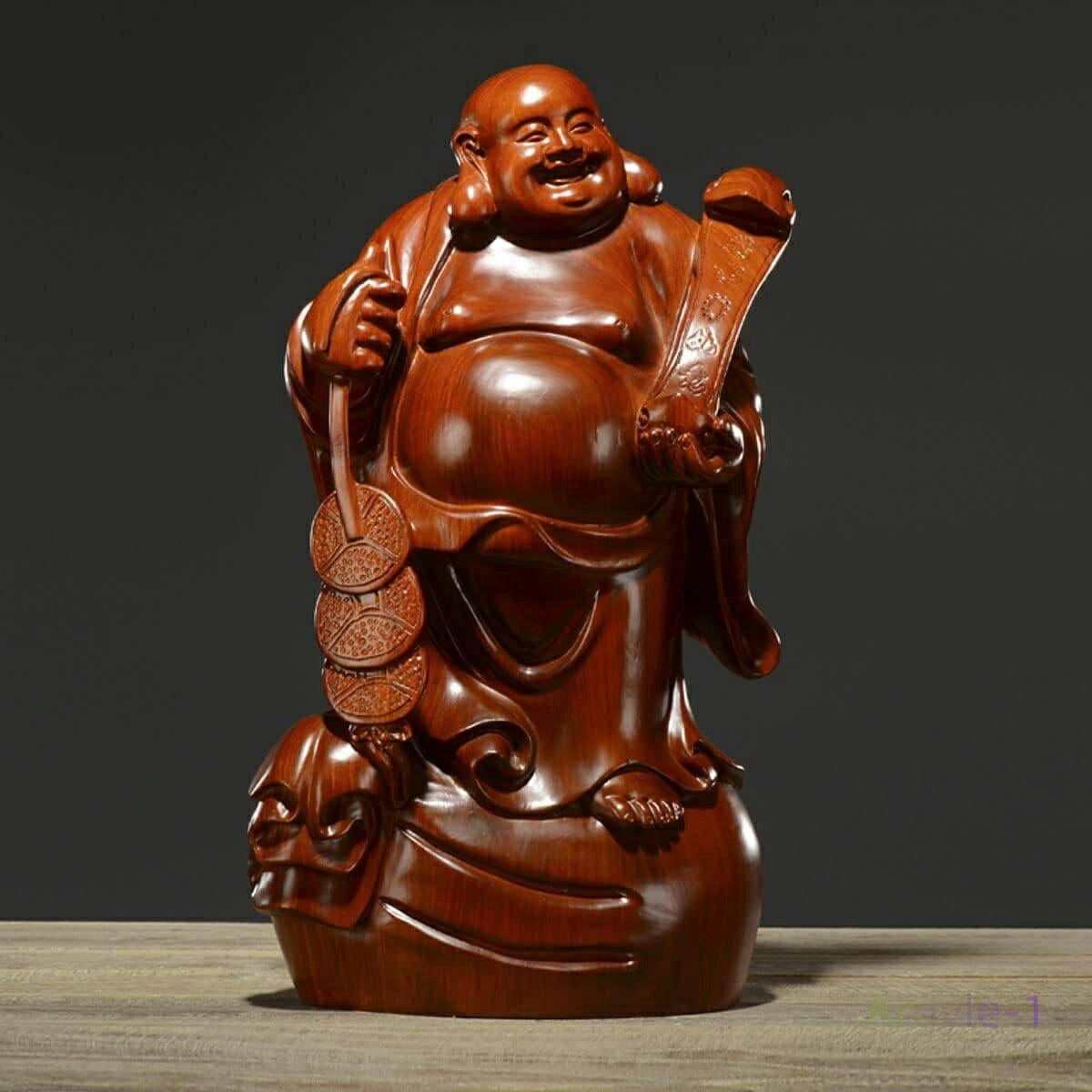 cm) お守り(Size:高さ40 金運 高級天然カリン材 花梨木 黄花梨 フィギュア 木製 置物 布袋様 木彫り 仏像