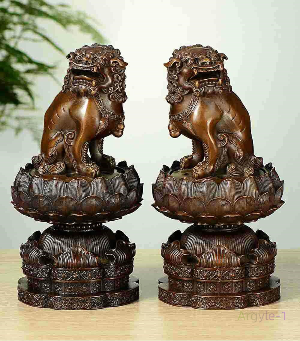 2体セット 線香立て 真鍮製 仏壇用の前香炉 胴径7.5cm×高さ23cm 狛犬(獅子狛犬)古美色 風水開運置物 机上香炉 香炉 仏具