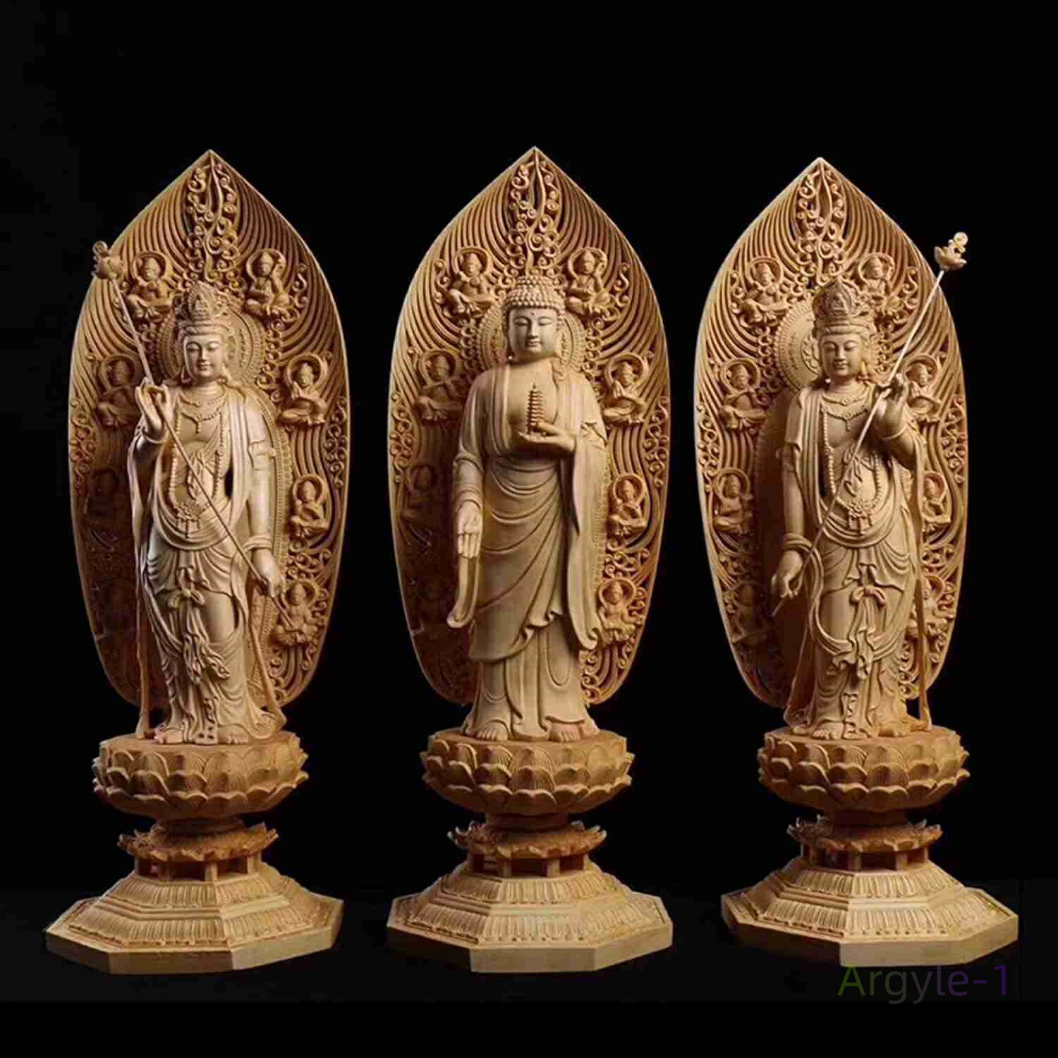 仏壇仏 木製彫刻 彫刻仏像 西方三聖【大勢至菩薩?阿弥陀如来?観音菩薩】木彫り蓮台置物 阿弥陀三尊 桧木製高級木彫り 置物 仏像