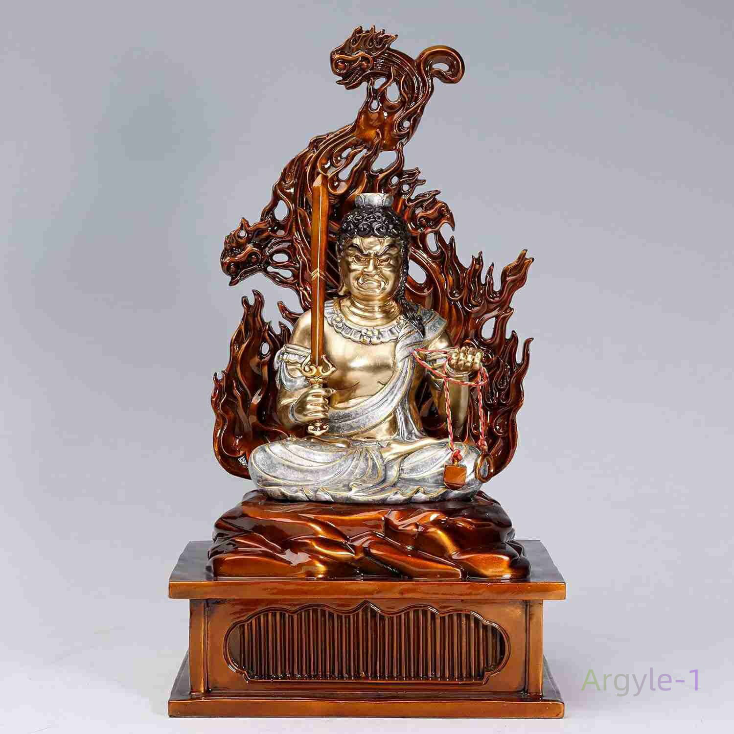 銅器(ふどうみょうおう) 火炎光背 彩色 仏壇 仏間 33cm 厄除け 真鍮製 置物 不動明王座像 仏像