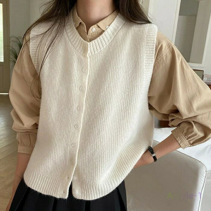 全8色 ニットベスト レディース ベスト 春秋 ノースリーブ ニット リブ 無地 前開き トップス クルーネック ボタン 羽織り セーター 重ね着 レイヤード ...