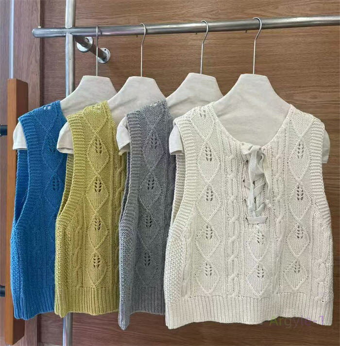 ニット ベスト 透かし編み 綿 レディース 新作 ラウンドネック リボン ノースリーブ ニットベスト カットソー ニットジレ トップス 春 秋 プルオーバー デ...