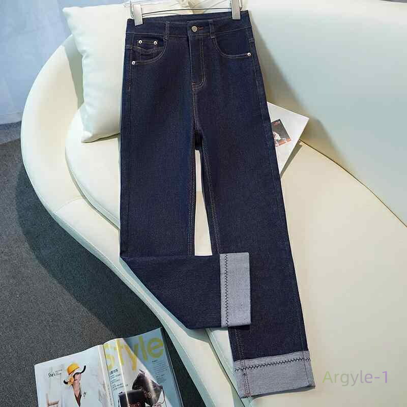 秋コーデ レディース ファッション ダーク ブルー ストレート ジーンズ ハイウエスト スリム カフス パ..