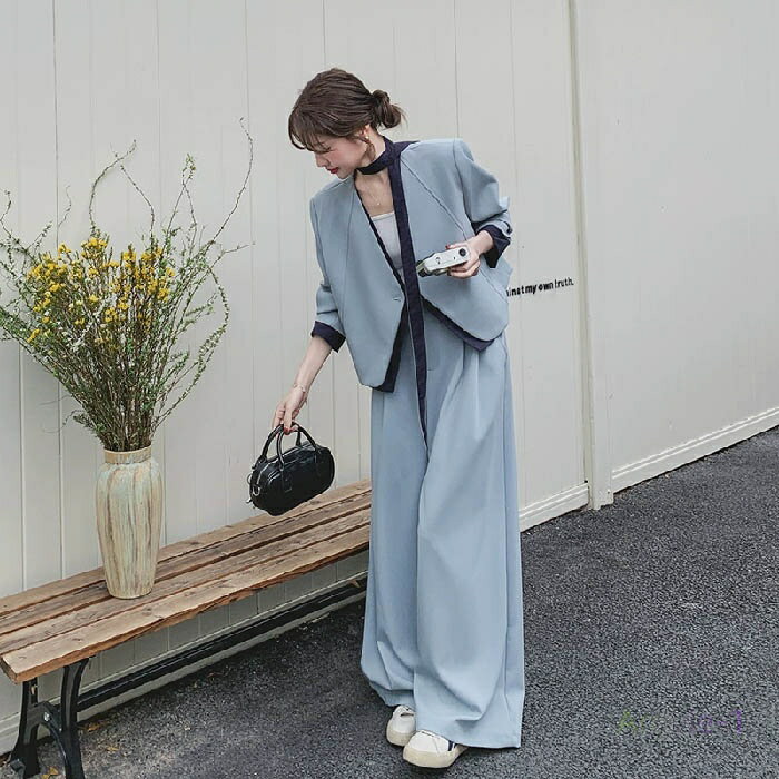 パンツスーツ セットアップ レディース カジュアル スーツ 2点セット ノーカラー ジャケット 配色 結婚式 フォーマル フォーマル スーツ ワイドパンツ Vネ...