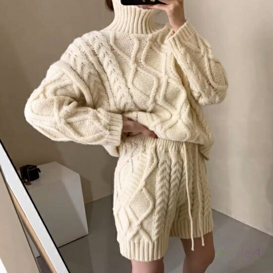 セットアップ レディース ニット ニットアップ ケーブル編み ハイネックセーター ニットパンツ ショー..