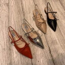 バックストラップパンプス レディース リボン ポインテッドトゥ ローヒール 1cmヒール フェイクレザー エコレザー ぺたんこ フラット 4color かわいい...