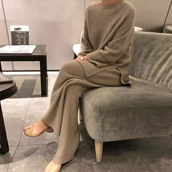 ニットセットアップ レディース 2点セット 上下セット ツーピース トップス セーター ラウンドネック 長袖 プルオーバー ボトムス 長ズボン ワイドパンツ シ...