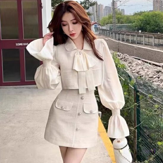 セットアップ レディース 2点セット 上下セット ツーピース トップス リボンタイ キャンディスリーブ ボリューム袖 ボトムス ミニスカート ボタン きれいめ ...