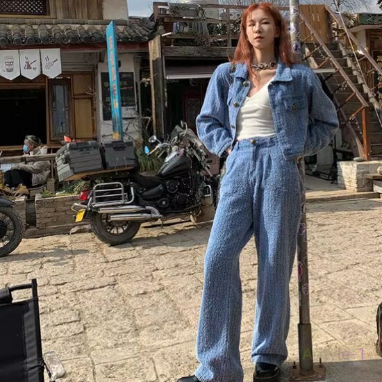 セットアップ レディース 上下セット ツーピース 2点セット デニム調 ジャケット ポロ襟 長袖 フロントボタン ショート丈 ロングパンツ ハイウエスト カジュアル お出かけ おしゃれ ファッション