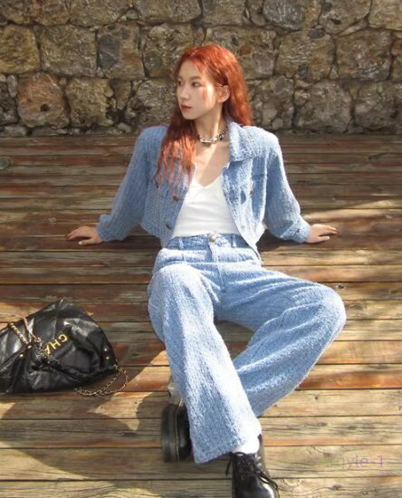 セットアップ レディース 上下セット ツーピース 2点セット デニム調 ジャケット ポロ襟 長袖 フロントボタン ショート丈 ロングパンツ ハイウエスト カジュアル お出かけ おしゃれ ファッション