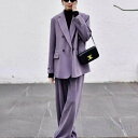 パンツスーツ レディース 2点セット セットアップ ツーピース コーデュロイ ジャケット 羽織 長袖 スーツ襟 ダブルブレスト ボトムス 長ズボン ワイドパンツ...