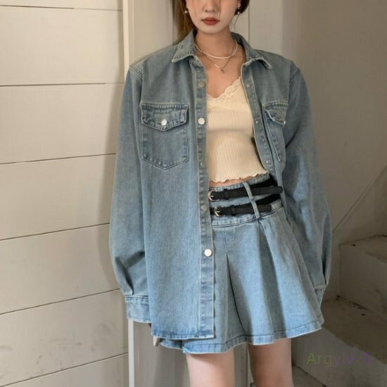 デニムセットアップ レディース 上下セット 2点セット ツーピース デニムジャケット Gジャン ゆったり オーバーサイズ ミニスカート デニムスカート カジュア...