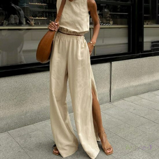 セットアップ レディース 上下セット 2点セット ツーピース トップス ノースリーブ ショート丈 ボトムス ワイドパンツ スリット ハイウエスト ナチュラル カ...