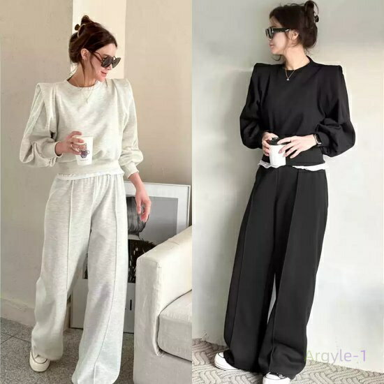 セットアップ レディースファッション トップス パフショルダー ラウンドネック 裾ゴム ボトム ウエス..
