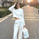 セットアップ レディースファッション トップス ハイネック クロップド丈 長袖 ボトム ウエストゴム ロング丈 ベーシックカラー 大人可愛い お洒落 シンプルカラー ストリート 韓国風 20代 30代