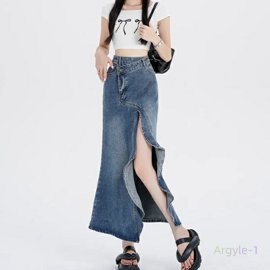 デニムスカート レディース ボトムス ロングスカート ロング丈 フリル スリット ハイウエスト カジュアル お出かけ おしゃれ アシンメトリー フィッシュテール...