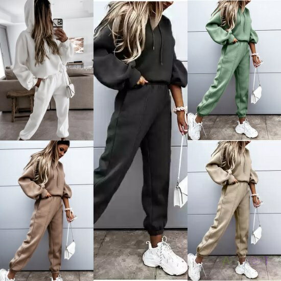 セットアップ レディースファッション 2点セット フードパーカー ロングパンツ パフスリーブ 長袖 ダボっと感 ウエストゴム カジュアル ゆったり 無地 お洒落 着回し トレンド 冬物 20代 30代