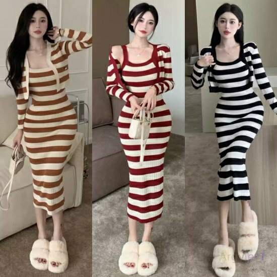 セットアップ レディースファッション 2点セット ボーダーコーデ ノースリーブワンピース タイトワンピース スレンダーライン ロング丈 カーディガン クロップド...