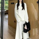 ニットセットアップ レディース 上下セット 2点セット ツーピース 長袖 プルオーバー ラウンドネック ロングスカート シンプル 無地 ゆったり ルーズ カジュ...