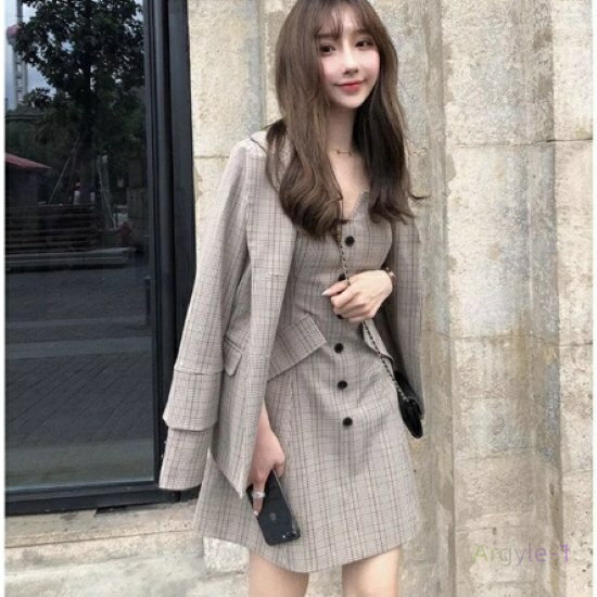 セットアップ レディース 2点セット ツーピース ワンピーススーツ ジャケット 羽織 長袖 スーツ襟 フロントボタン キャミソールワンピース ミニワンピース チェック柄 オフィス カジュアル きれいめ